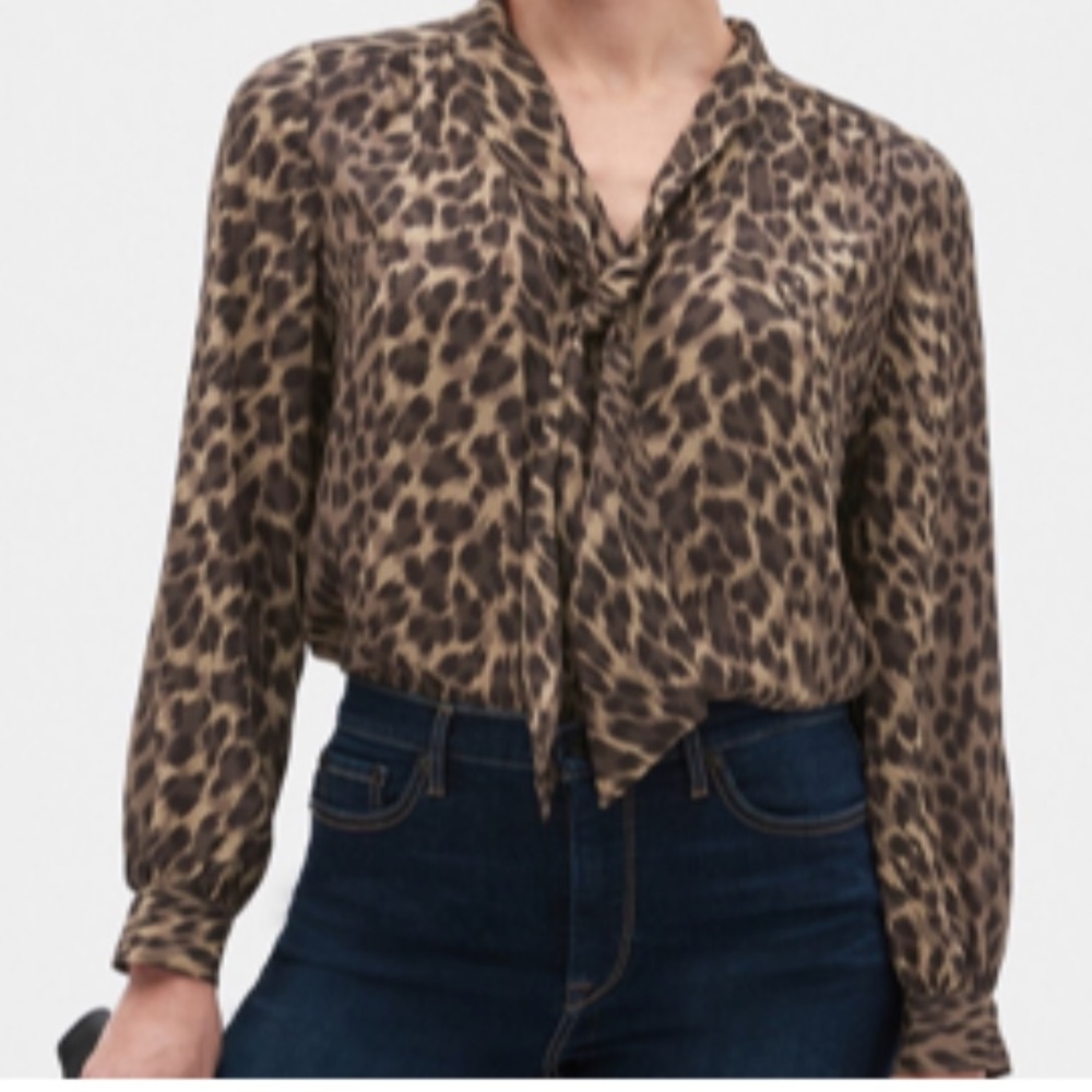 Banana Republic. Cheetah/leopard blouse with neck tie detail.